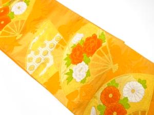 扇に牡丹・菊模様織り出し　袋帯